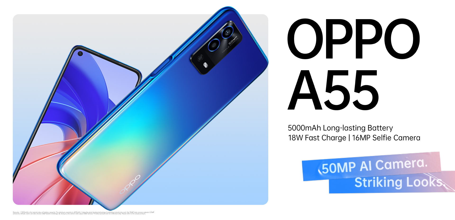 OPPO A55 has true 50MP AI camera, 5000mAh long-lasting battery, 18W fast charge and 16MP selfie camera.